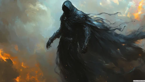 Storm-clad shadow wraith strides through embers and ash.