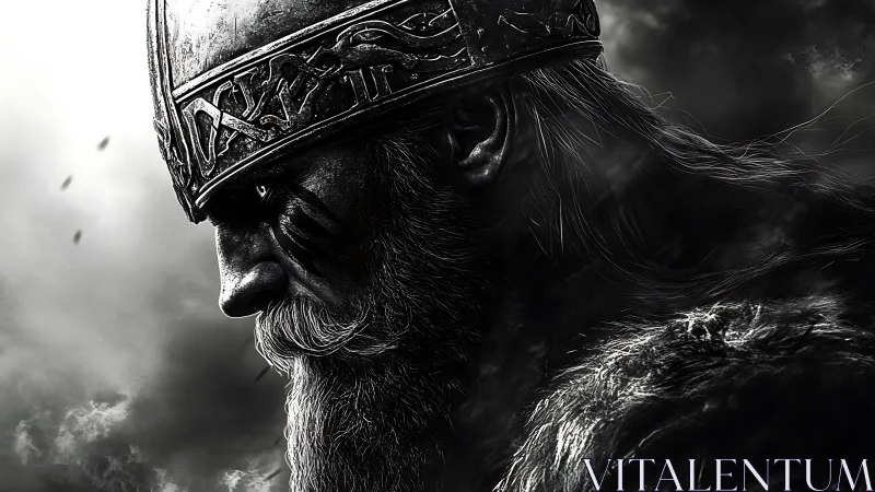 Monochrome warrior profile with engraved helm and stormscape.