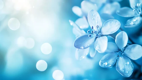 Blue petaled flowers with water droplets in soft focus setting.