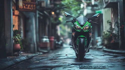 Green sport motorcycle parked on wet narrow city street.