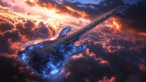 Celestial glass guitar drifting through stormlit nebula skies.