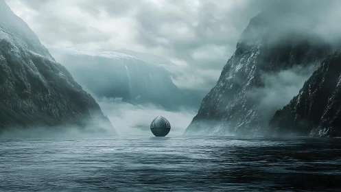 Futuristic metallic sphere floats in misty glacial fjord landscape