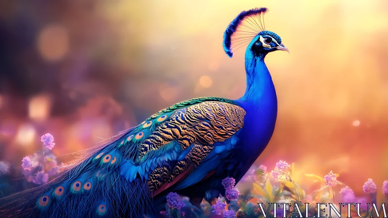 Iridescent peacock portrait in luminous bokeh garden light.