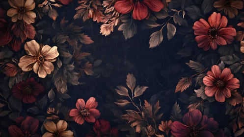 Dark floral border with muted red and beige blossoms.