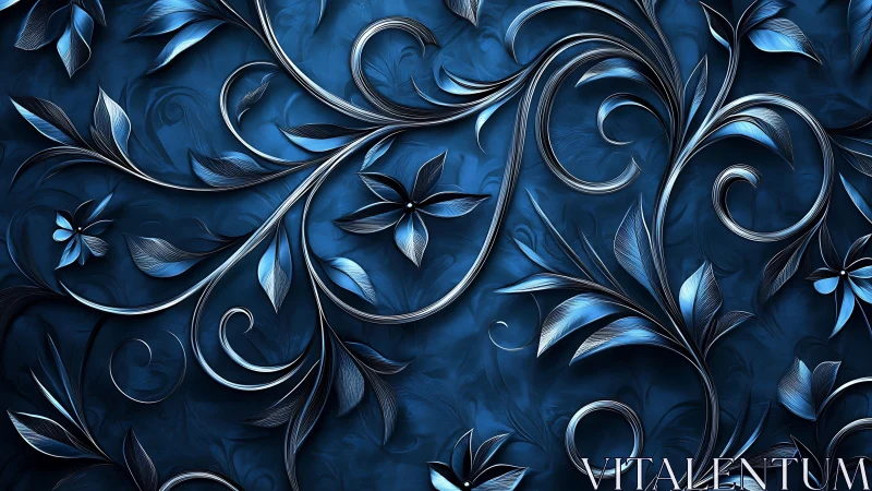 Metallic blue floral swirls over dark decorative background.