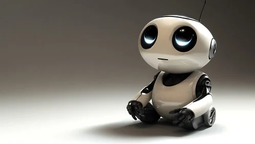 Small white robot sits alone on smooth neutral floor.