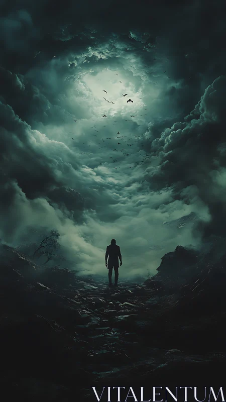 Lone figure walks toward stormlit vortex under dark clouds.
