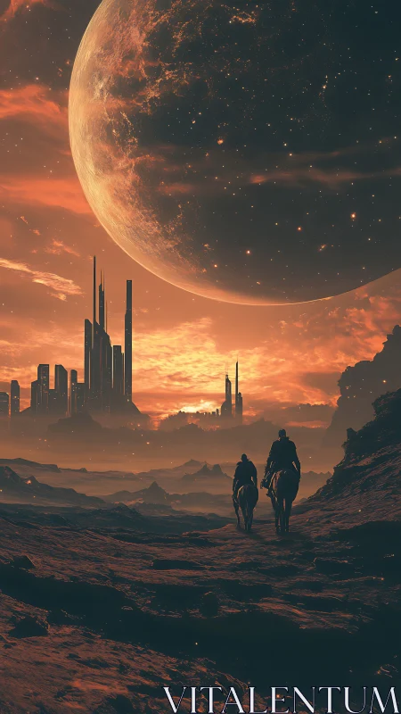 Digital painting of alien frontier riders under colossal moon.