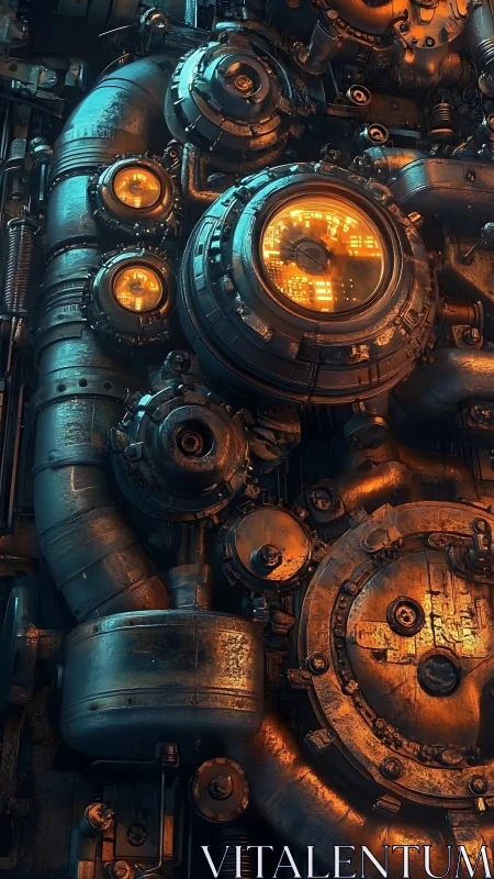 Warm coglit engine core glowing in teal and ember light.