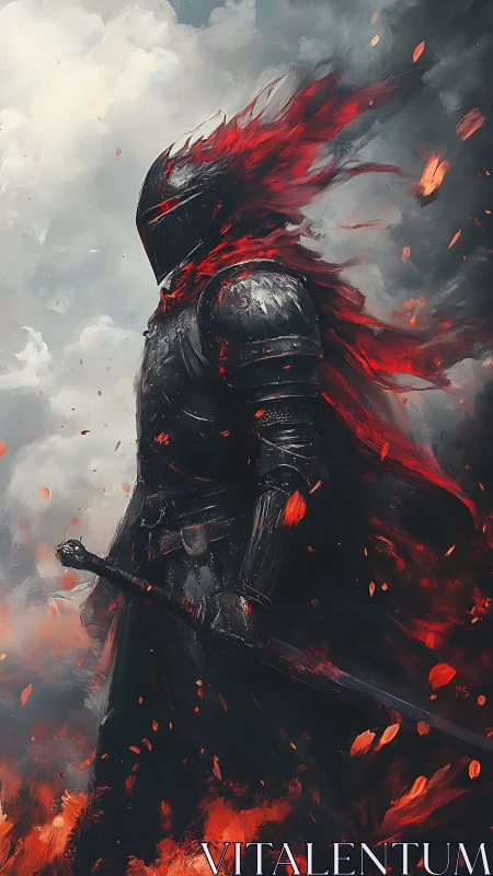 Armored knight stands in flames with red cape streaming