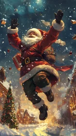 Dynamic low-angle Santa leap in snowy illuminated village street