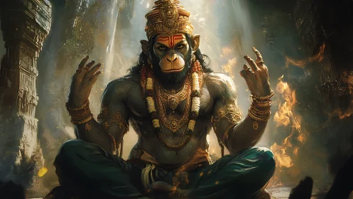 Simian sage crowns the firelit temple with fierce serenity