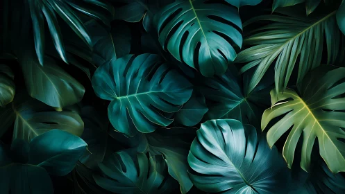 Dense overlapping tropical leaves in low directional light.