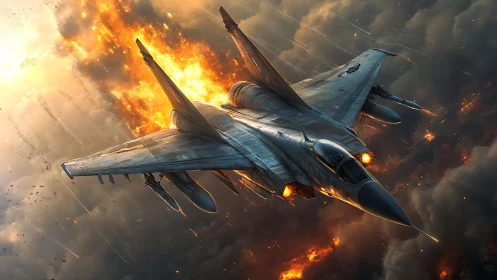 High-Performance Fighter Jet Executing Combat Maneuver With Explosive Detonation