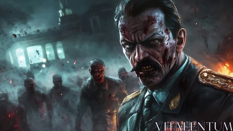 Bloodied military commander leading zombies at night.