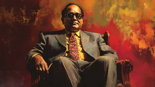Powerful suited figure in armchair against fiery backdrop.