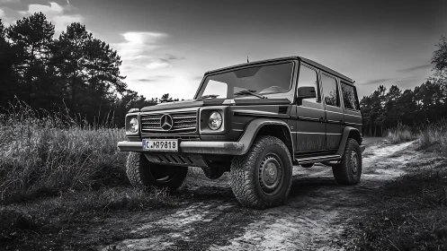 Monochrome off-road SUV on rural track, low-angle study.