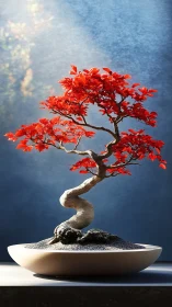 Red maple bonsai stands in shallow dish under soft light