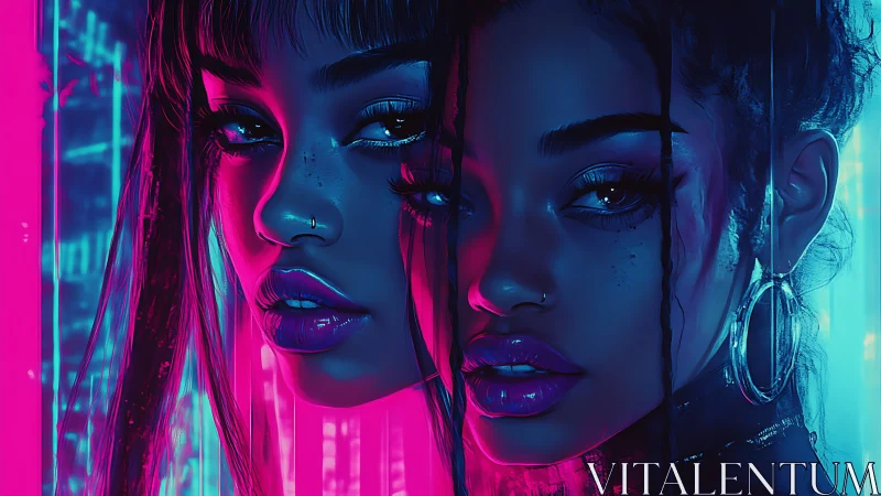 Neon-lit twin visages in hyperreal cyber glow portrait.