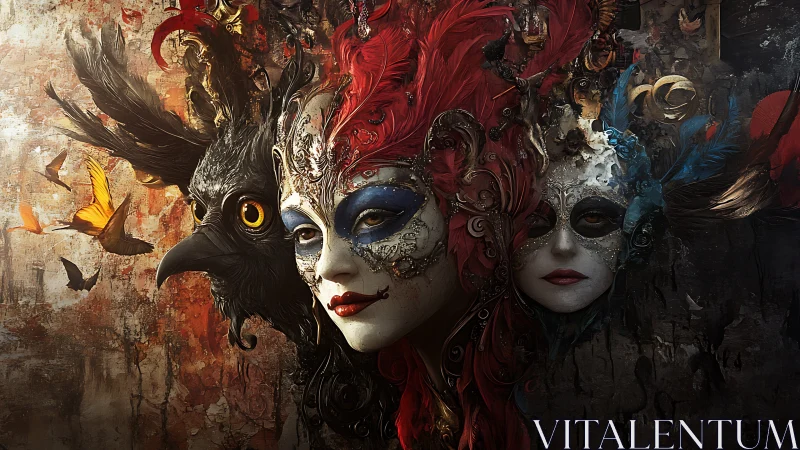 Baroque masquerade triptych with ornate avian hybrids.