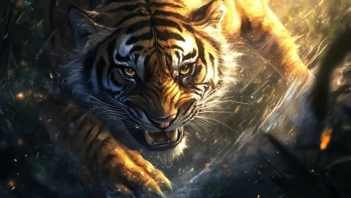 Digital rendering shows tiger advancing through shallow water