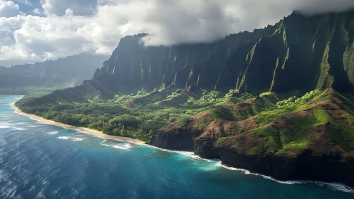 Dramatic Kauai coastline with towering cliffs and turquoise Pacific waters