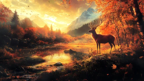 Stag beside reflective river in dense autumn forest at sunset.