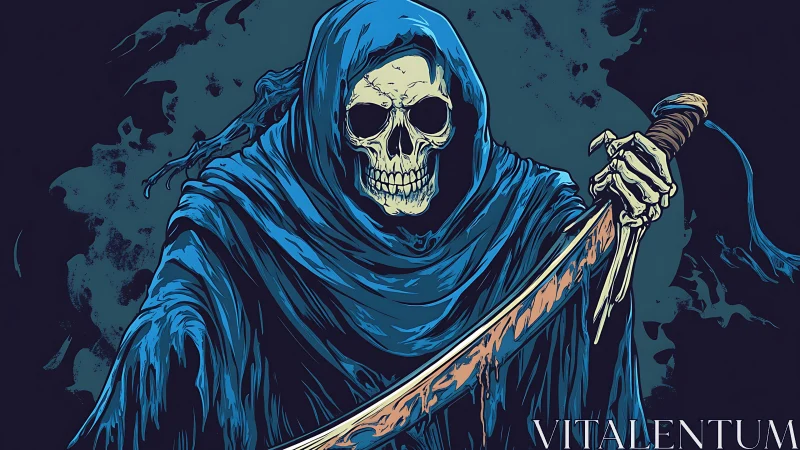 Grim reaper in tattered blue cloak brandishes bloody scythe.