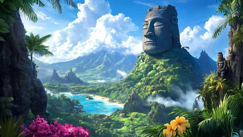 Ancient stone colossus watches over luminous tropical bay.