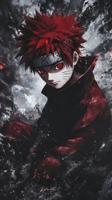 Red haired shinobi portrait in dark swirling backdrop.