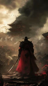 Digital painting of lone samurai over burning feudal citadel.