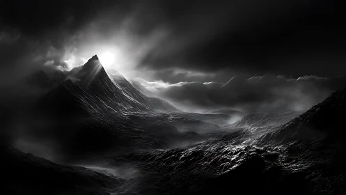 Mountain ridge emerges through dense fog under harsh light