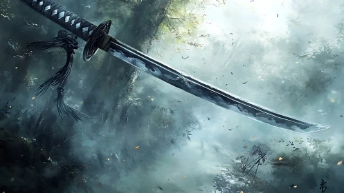 Silent katana drifting through misty forest morning.