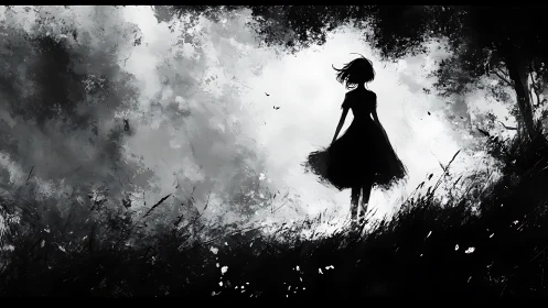 Solitary girl in a windswept meadow softly greets the storm