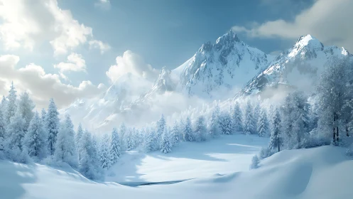 Whispering winter valley beneath daydreaming alpine giants.