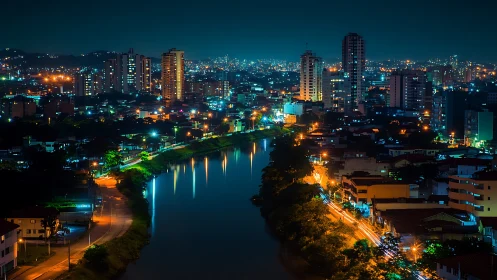 City lights glow softly along a calm winding riverside night