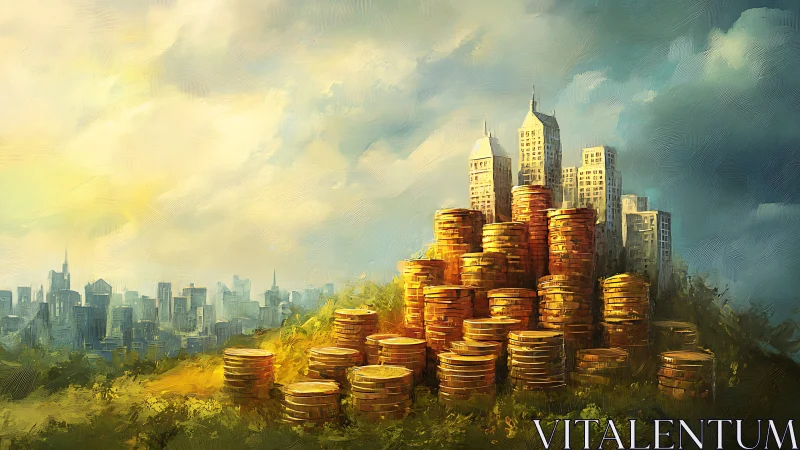 Golden coin towers rising into a dreamy city skyline.