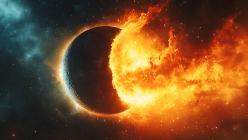 Celestial body adjacent to stellar mass demonstrates partial illumination.