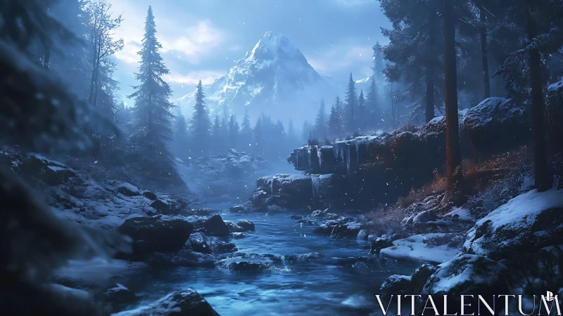 Glacial mountain river valley in dense conifer forest at dusk