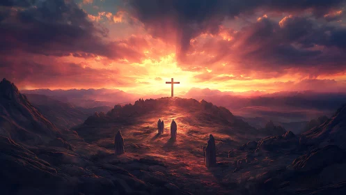 Cross on mountain ridge under dramatic glowing sunset sky.