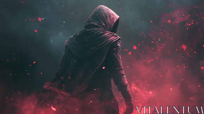 Mysterious hooded wanderer amid swirling crimson embers.