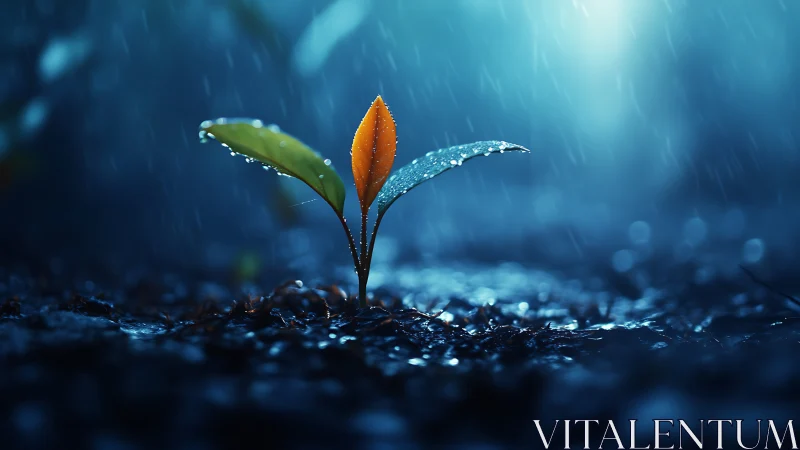 Tiny sprout shines with calm strength in soft evening rain