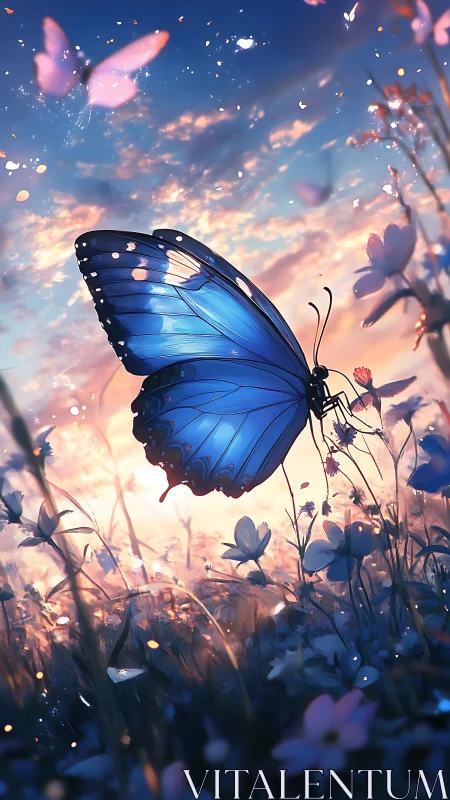 Iridescent blue butterfly in dusk meadow with pastel bokeh.