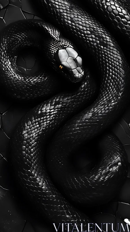 Coiled black serpent rendered in high-contrast photoreal detail
