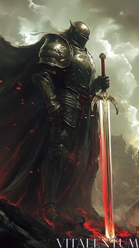 Dark armored knight with fiery greatsword on infernal cliff.