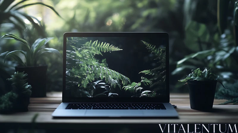 Laptop displays fern image while placed among green plants