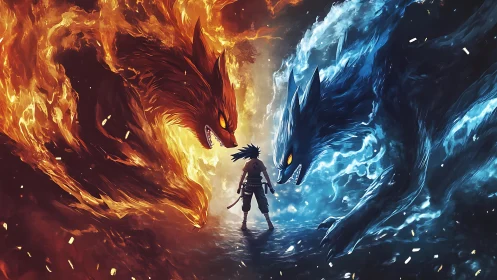 Boy stands between opposing red fire wolf and blue ice wolf