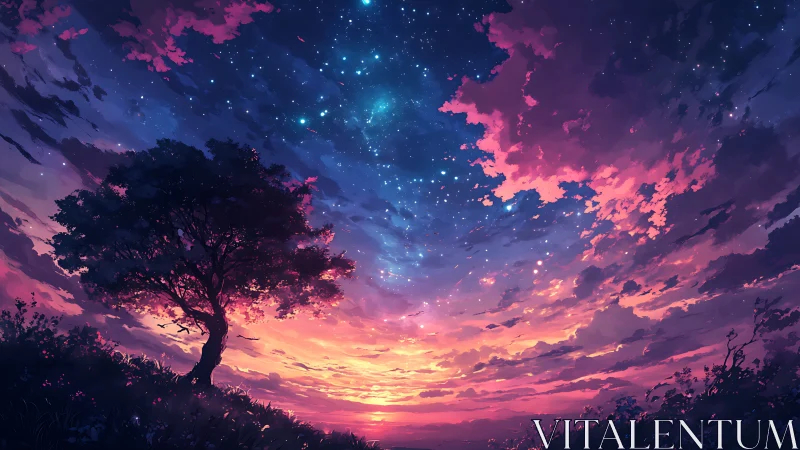 Lone tree watches a radiant star-filled twilight sky glow.
