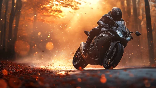 Roaring sport bike leans into a glowing autumn forest curve