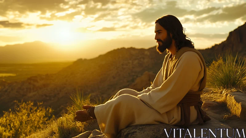 Contemplative robed figure at golden desert sunset vista.